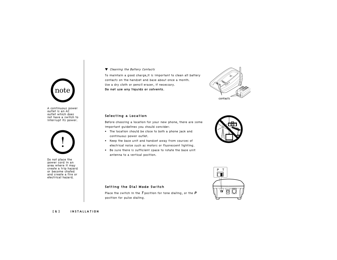 Uniden TRU241 owner manual Selecting a Location, Setting the Dial Mode Switch, Cleaning the Battery Contacts 