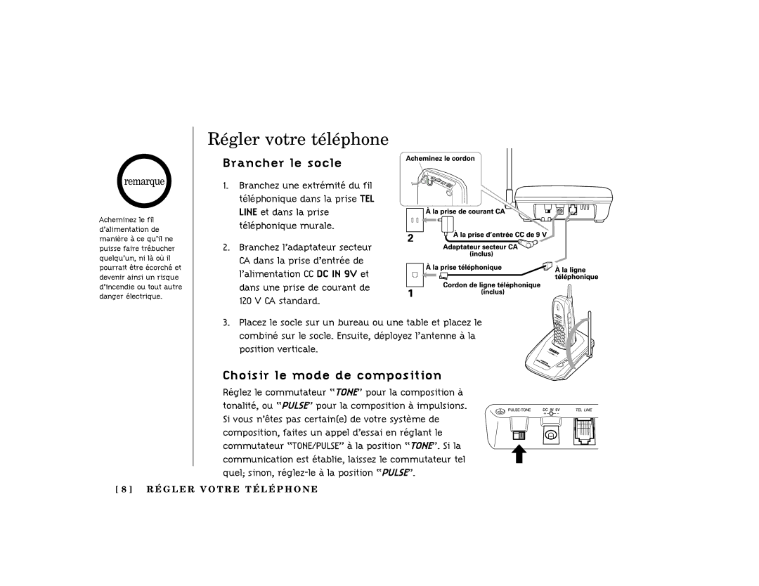 Uniden TRU341 manual Régler votre téléphone, Brancher le socle, Choisir le mode de composition 