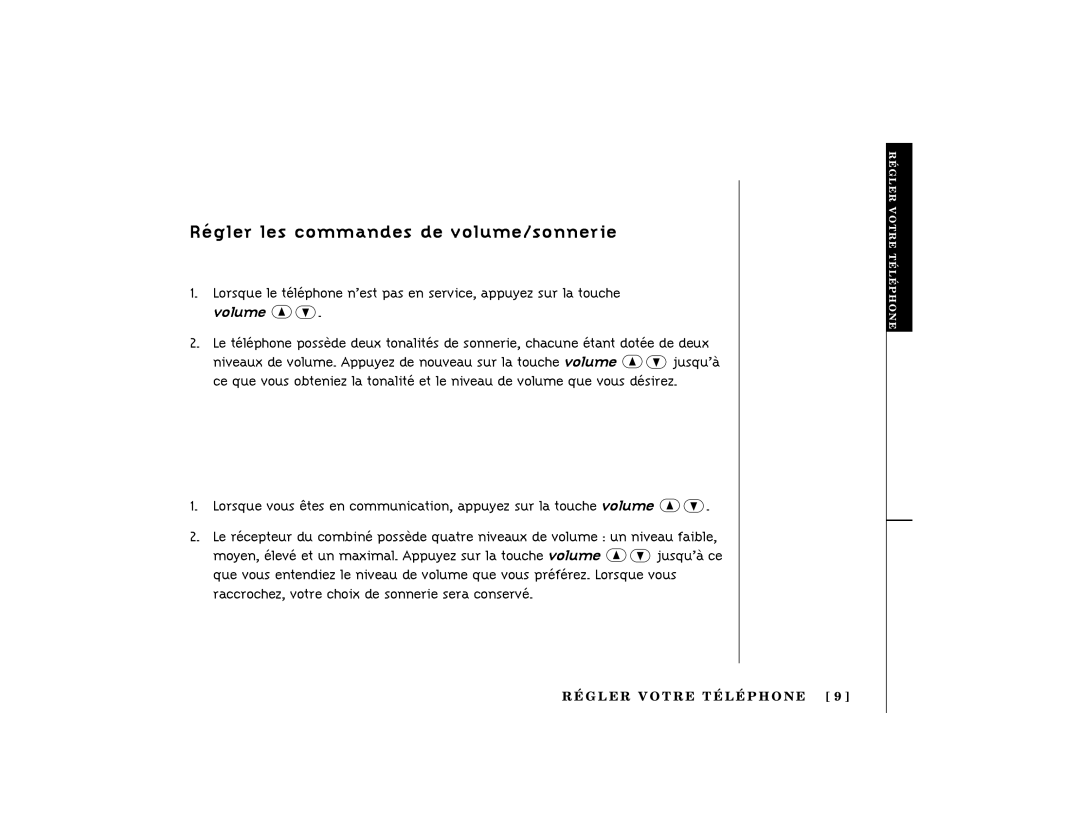 Uniden TRU341 manual Régler les commandes de volume/sonnerie, Choix des niveaux de volume et de tonalité de la sonnerie 