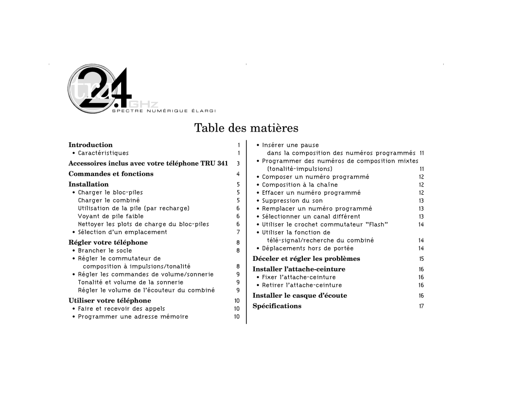 Uniden TRU341 manual Table des matières 