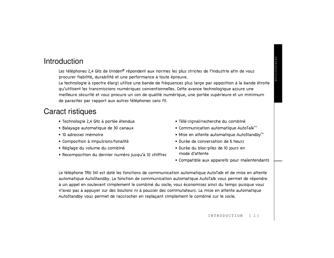 Uniden TRU341 manual Introduction, Caractéristiques 