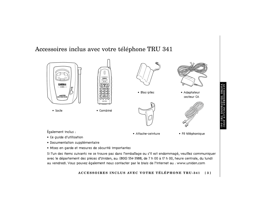 Uniden TRU341 manual Accessoires inclus avec votre téléphone TRU 