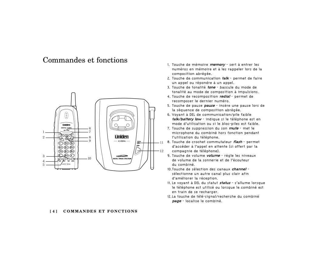 Uniden TRU341 manual Commandes et fonctions 