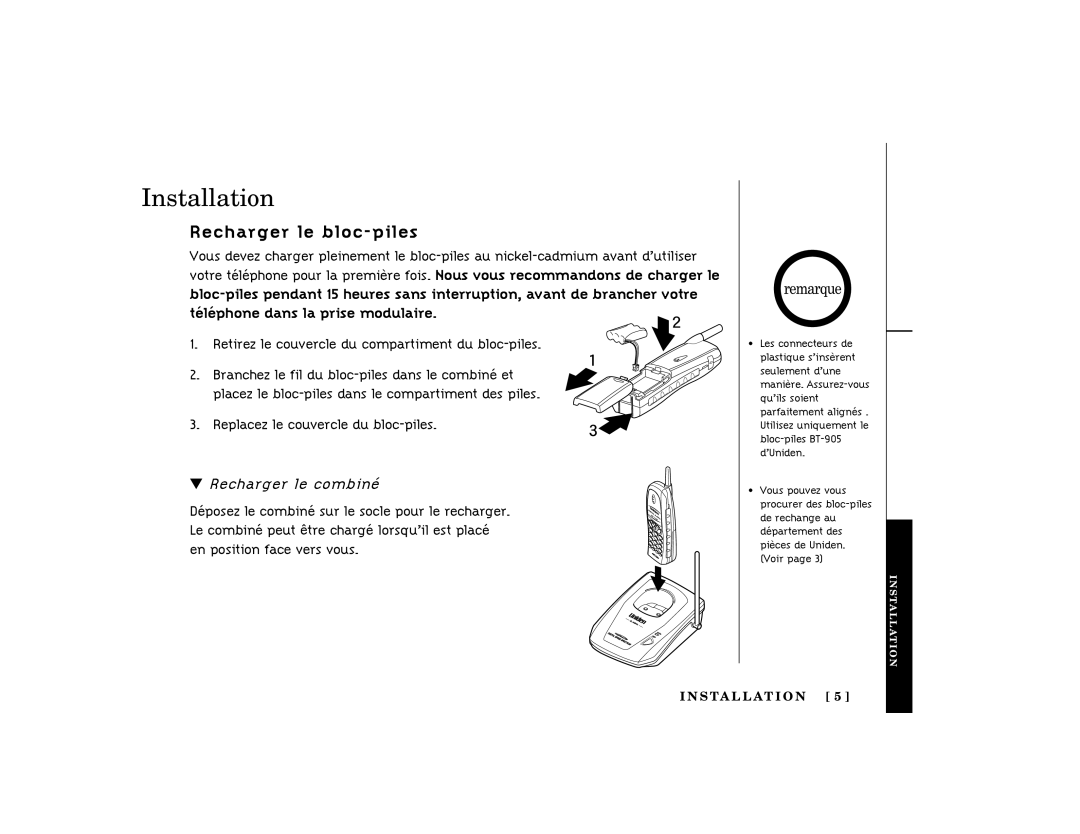 Uniden TRU341 manual Installation, Recharger le bloc-piles 