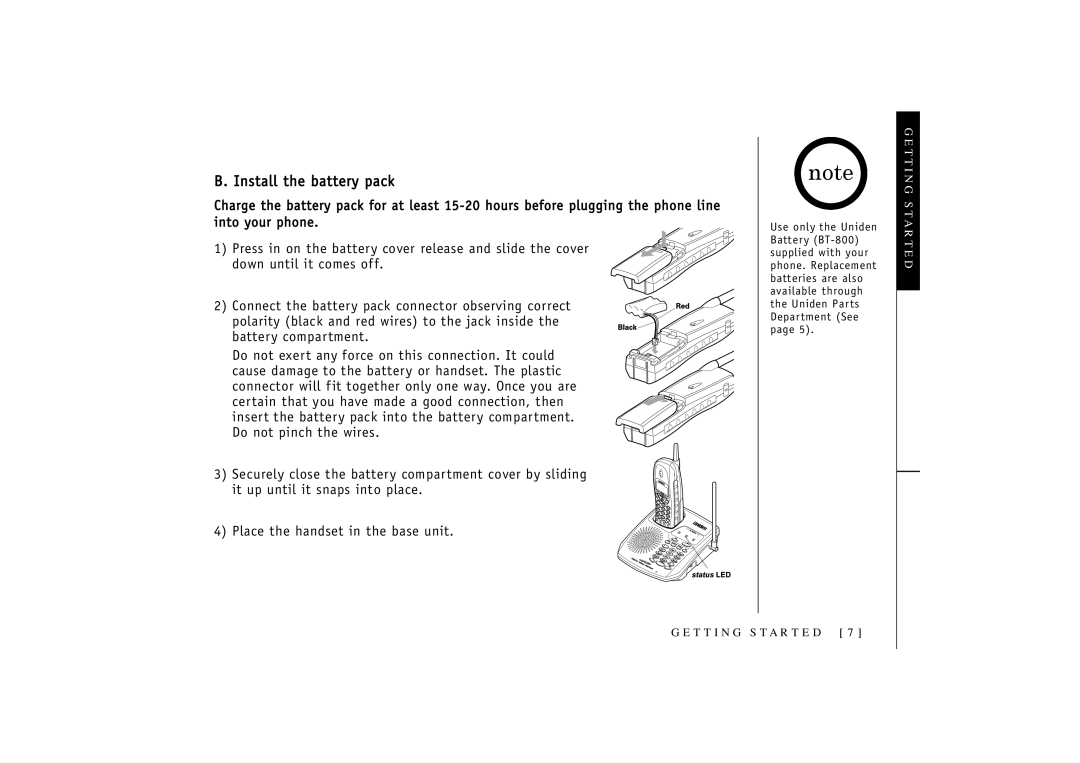 Uniden TRU3466 owner manual Install the battery pack 