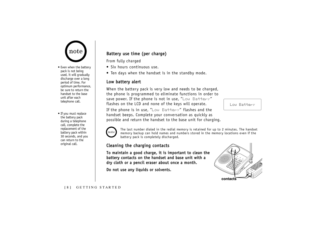 Uniden TRU3466 owner manual Battery use time per charge, Low battery alert, Cleaning the charging contacts 