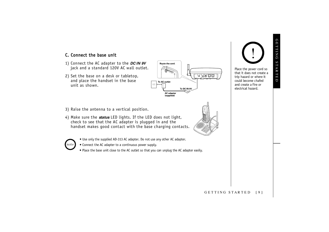 Uniden TRU3466 owner manual Connect the base unit 