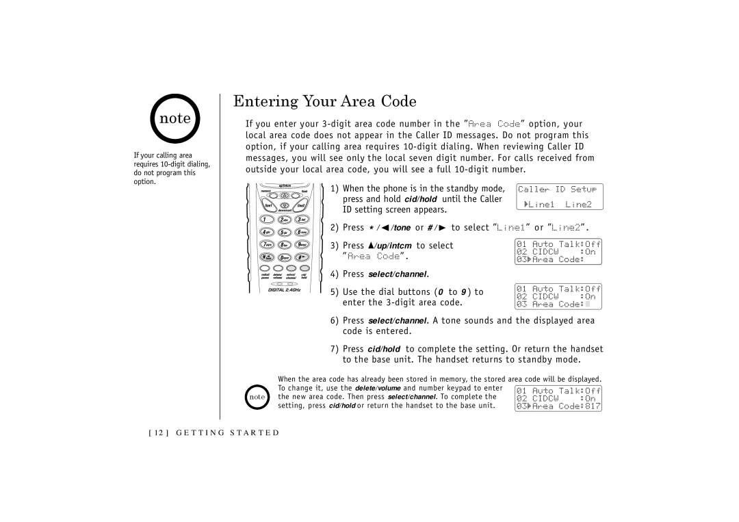 Uniden TRU3466 owner manual Entering Your Area Code, Press select/channel 