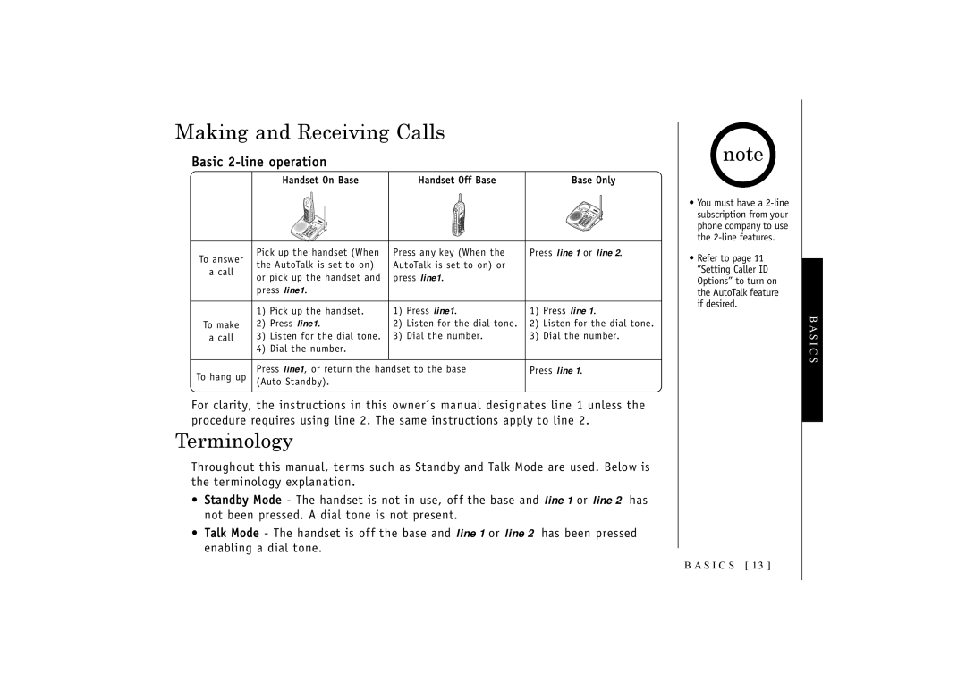 Uniden TRU3466 owner manual Making and Receiving Calls, Terminology, Basic 2-line operation 