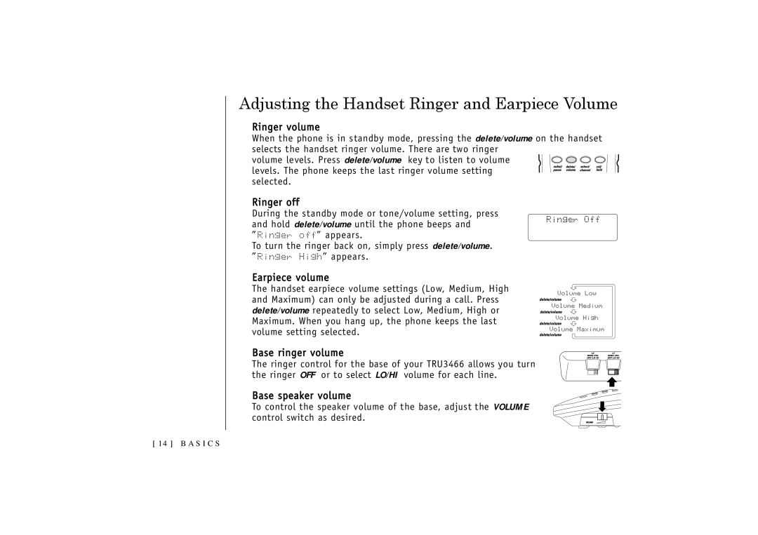 Uniden TRU3466 owner manual Adjusting the Handset Ringer and Earpiece Volume 