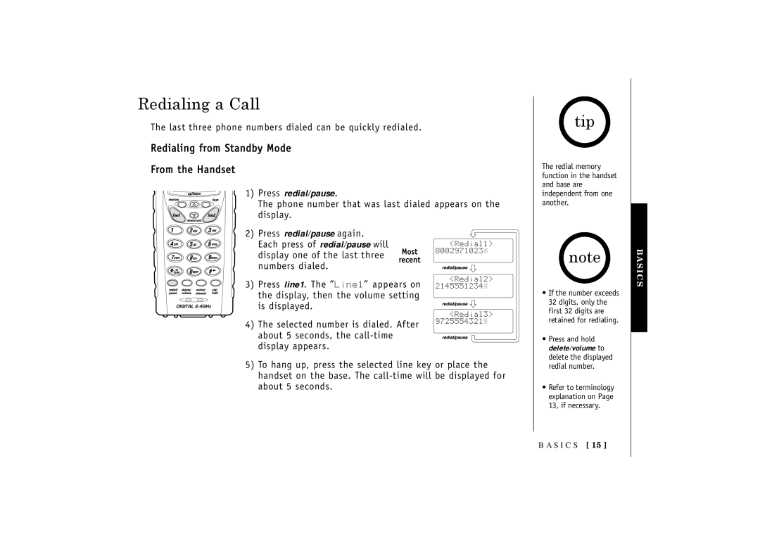 Uniden TRU3466 owner manual Redialing a Call, Tip, Redialing from Standby Mode From the Handset 