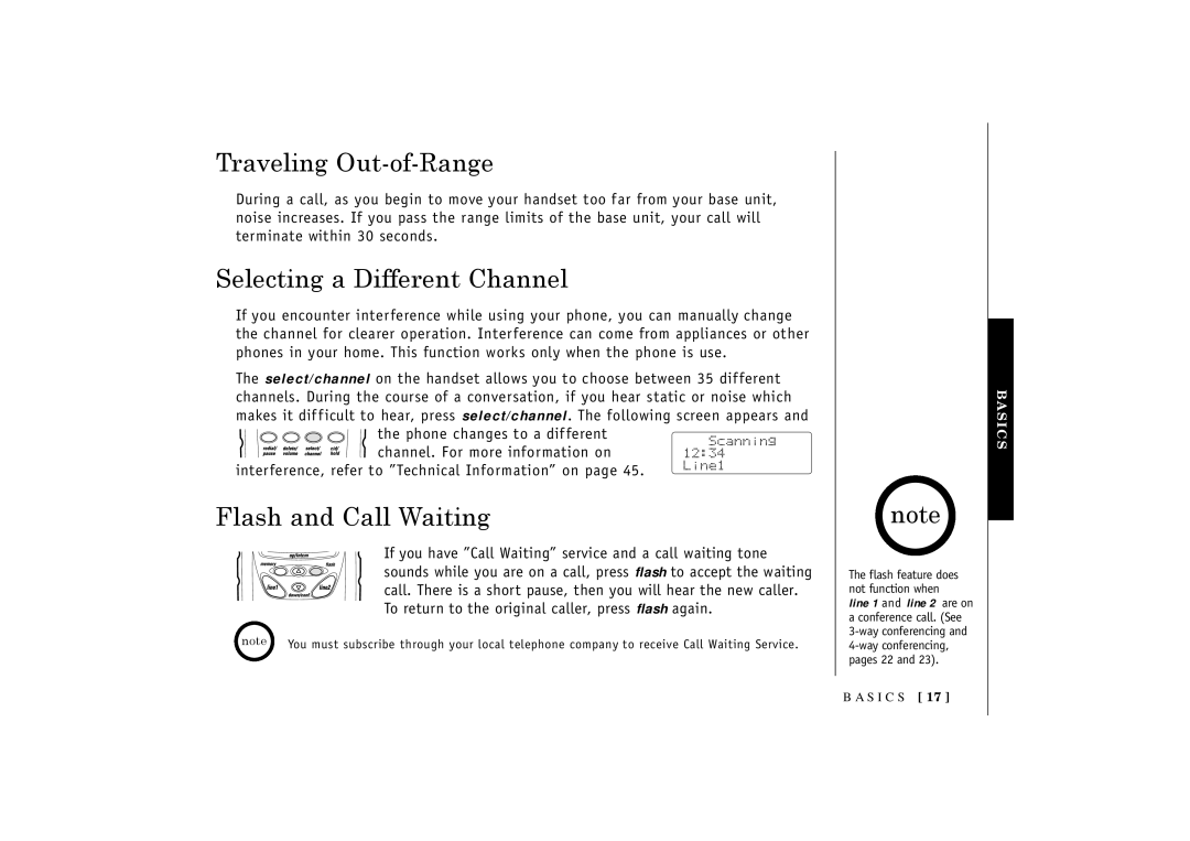 Uniden TRU3466 owner manual Traveling Out-of-Range, Selecting a Different Channel, Flash and Call Waiting 