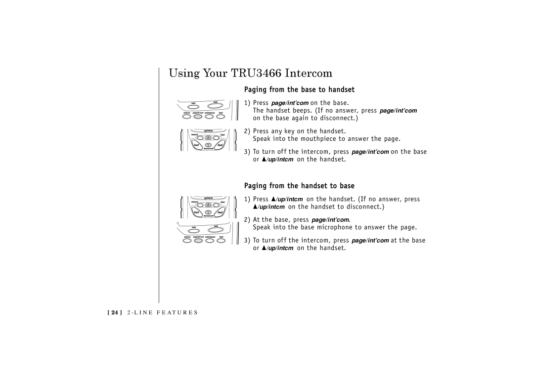 Uniden owner manual Using Your TRU3466 Intercom, Paging from the base to handset, Paging from the handset to base 