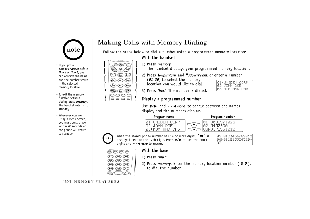 Uniden TRU3466 owner manual Making Calls with Memory Dialing, Display a programmed number, With the base 1 Press line 