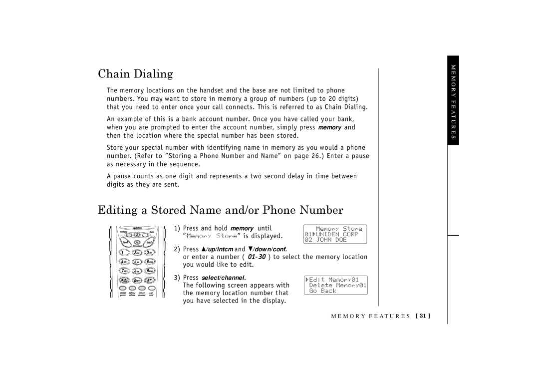 Uniden TRU3466 owner manual Chain Dialing, Editing a Stored Name and/or Phone Number 