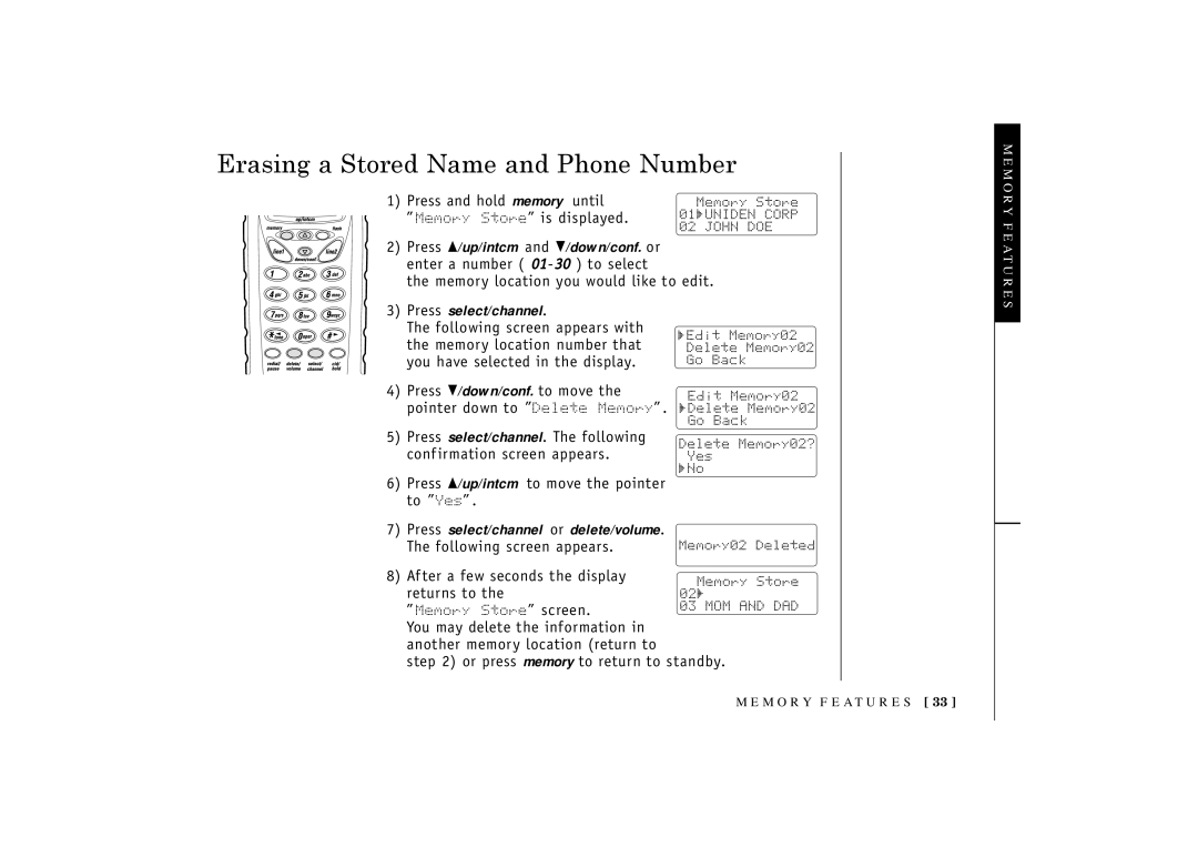 Uniden TRU3466 owner manual Erasing a Stored Name and Phone Number, Press select/channel or delete/volume 