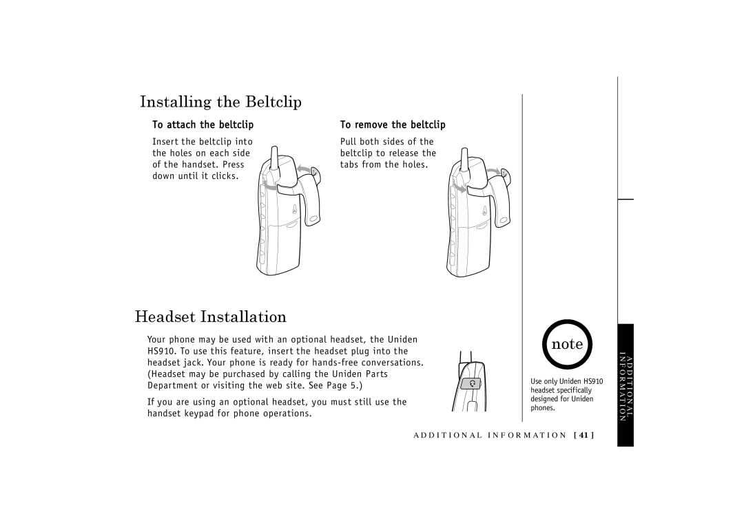 Uniden TRU3466 owner manual Installing the Beltclip, Headset Installation, To attach the beltclip, To remove the beltclip 