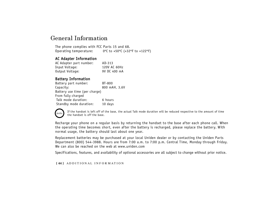 Uniden TRU3466 owner manual General Information, AC Adapter Information, Battery Information 