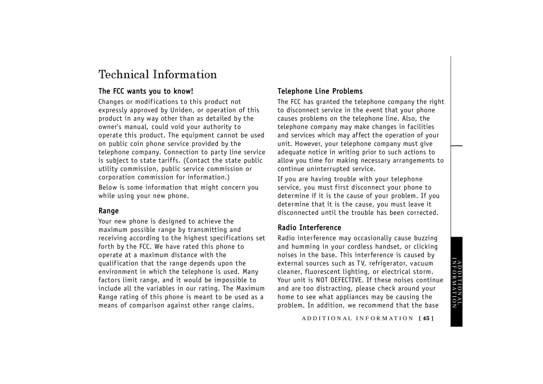 Uniden TRU3466 Technical Information, FCC wants you to know, Range, Telephone Line Problems, Radio Interference 