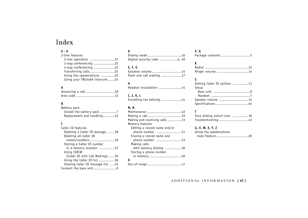 Uniden TRU3466 owner manual Index 