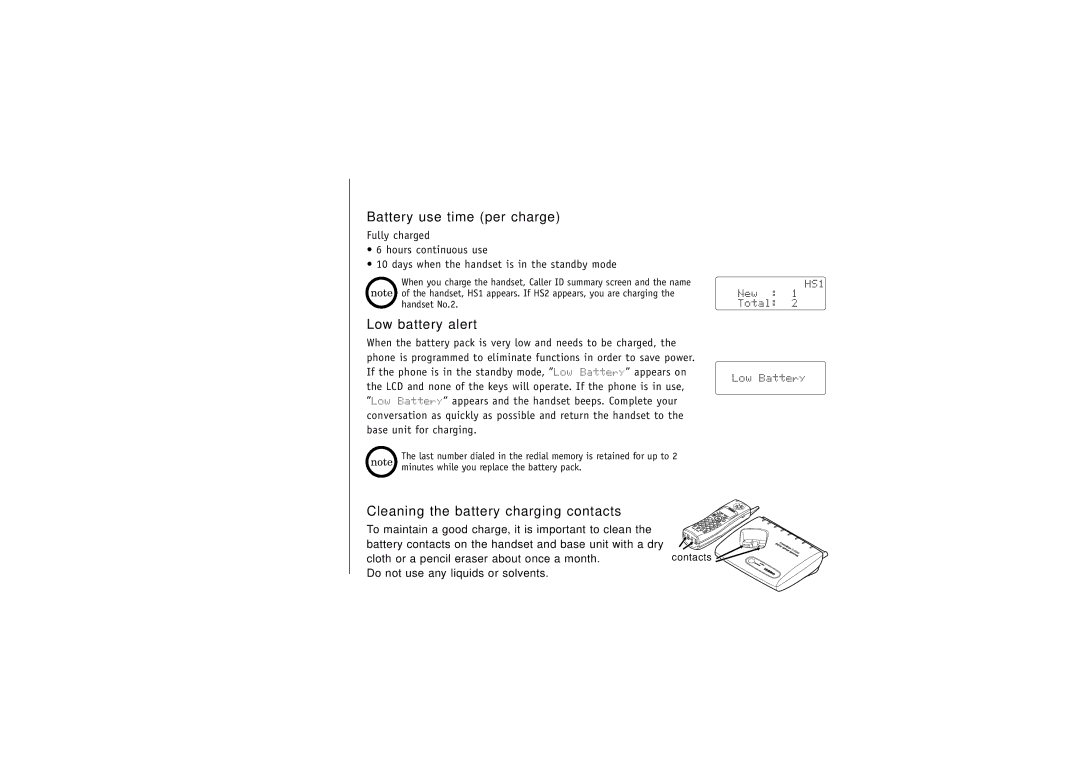 Uniden TRU4060-2 manual Battery use time per charge, Low battery alert, Cleaning the battery charging contacts 