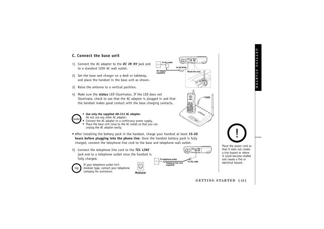 Uniden TRU4060-2 manual Connect the base unit, Raise the antenna to a vertical position 