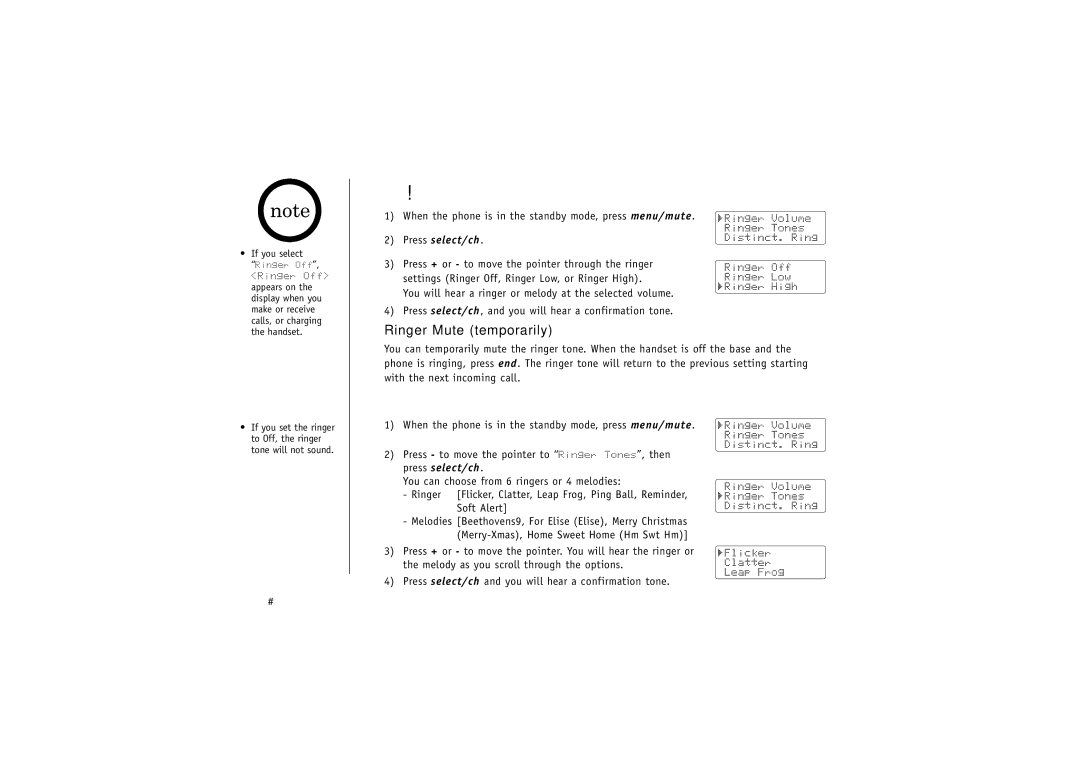 Uniden TRU4060-2 manual Ringer Volume Setup, Ringer Tone Setting, Ringer Mute temporarily 