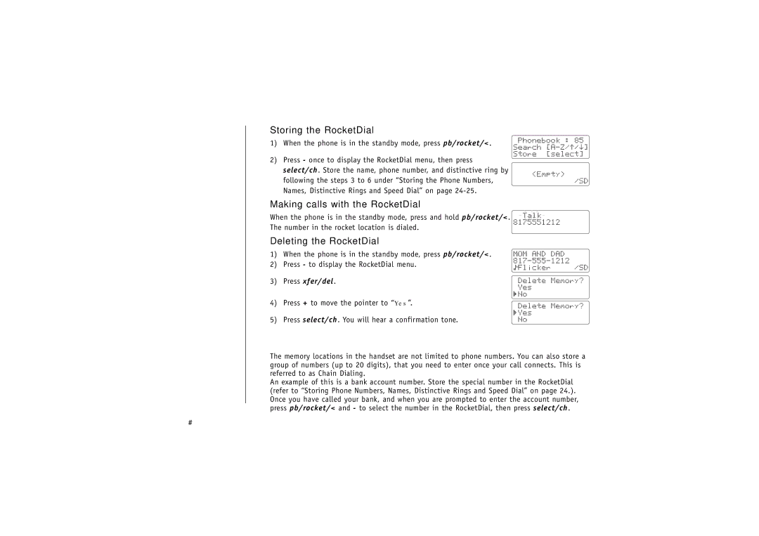 Uniden TRU4060-2 manual Chain Dialing, Storing the RocketDial, Making calls with the RocketDial, Deleting the RocketDial 