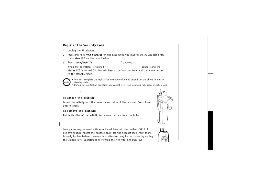 Uniden TRU4060-2 manual Installing the Beltclip, Headset Installation, Register the Security Code 