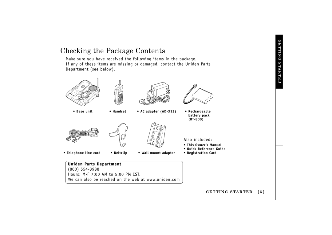 Uniden TRU548 owner manual Checking the Package Contents 