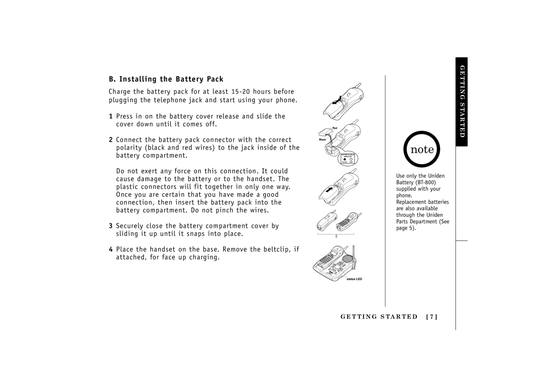 Uniden TRU548 owner manual Installing the Battery Pack 