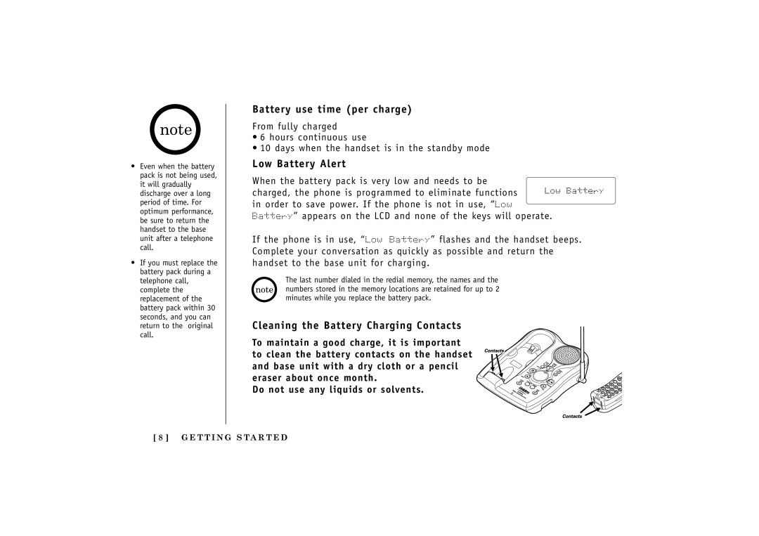 Uniden TRU548 owner manual Battery use time per charge, Low Battery Alert, Cleaning the Battery Charging Contacts 