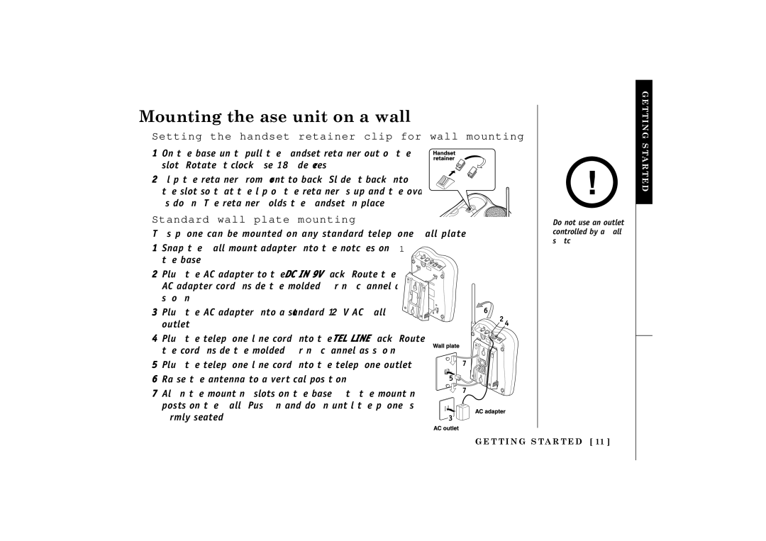 Uniden TRU548 owner manual Mounting the base unit on a wall, Setting the handset retainer clip for wall mounting 