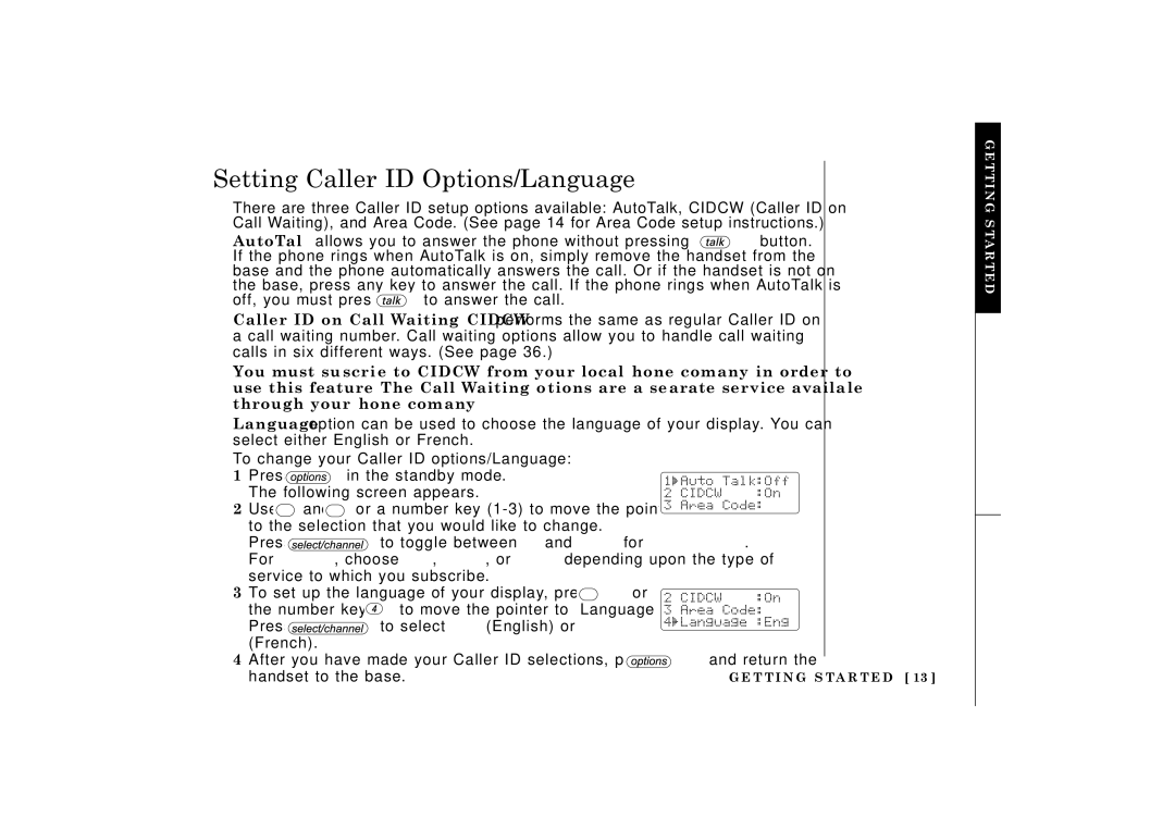 Uniden TRU548 owner manual Setting Caller ID Options/Language 