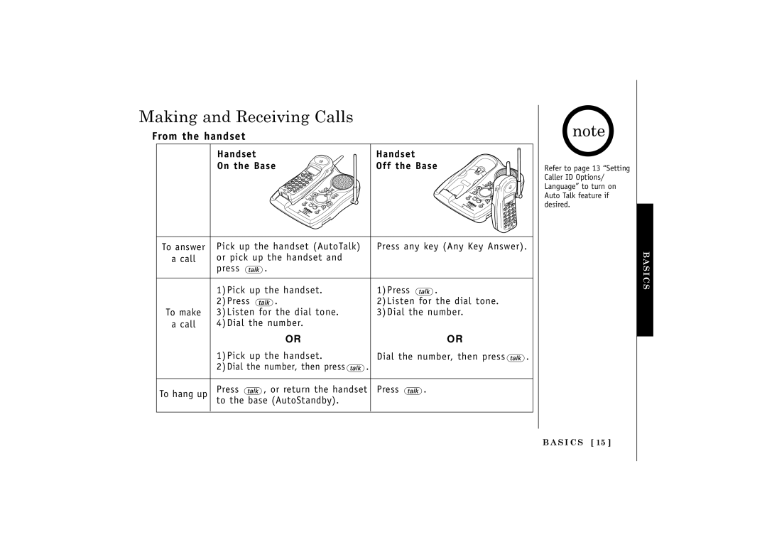 Uniden TRU548 owner manual Making and Receiving Calls, From the handset, Handset On the Base Off the Base 