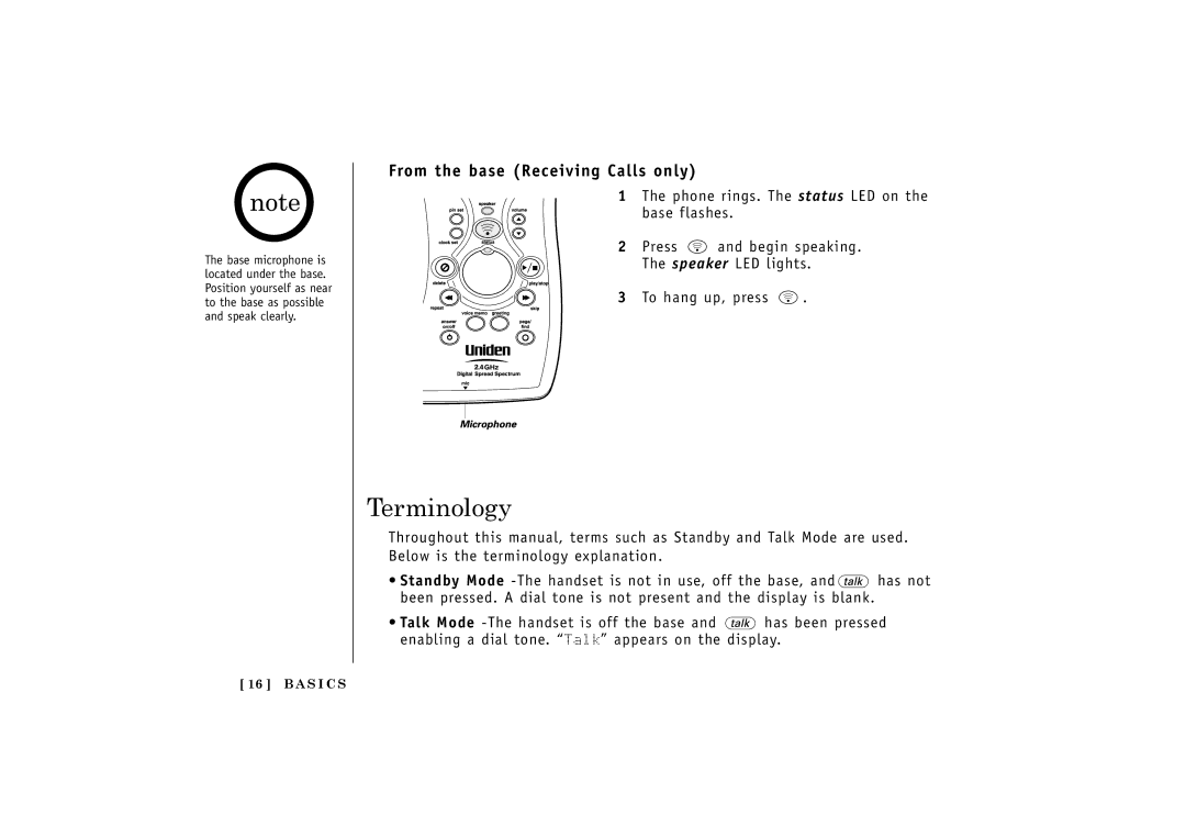 Uniden TRU548 owner manual Terminology, From the base Receiving Calls only 