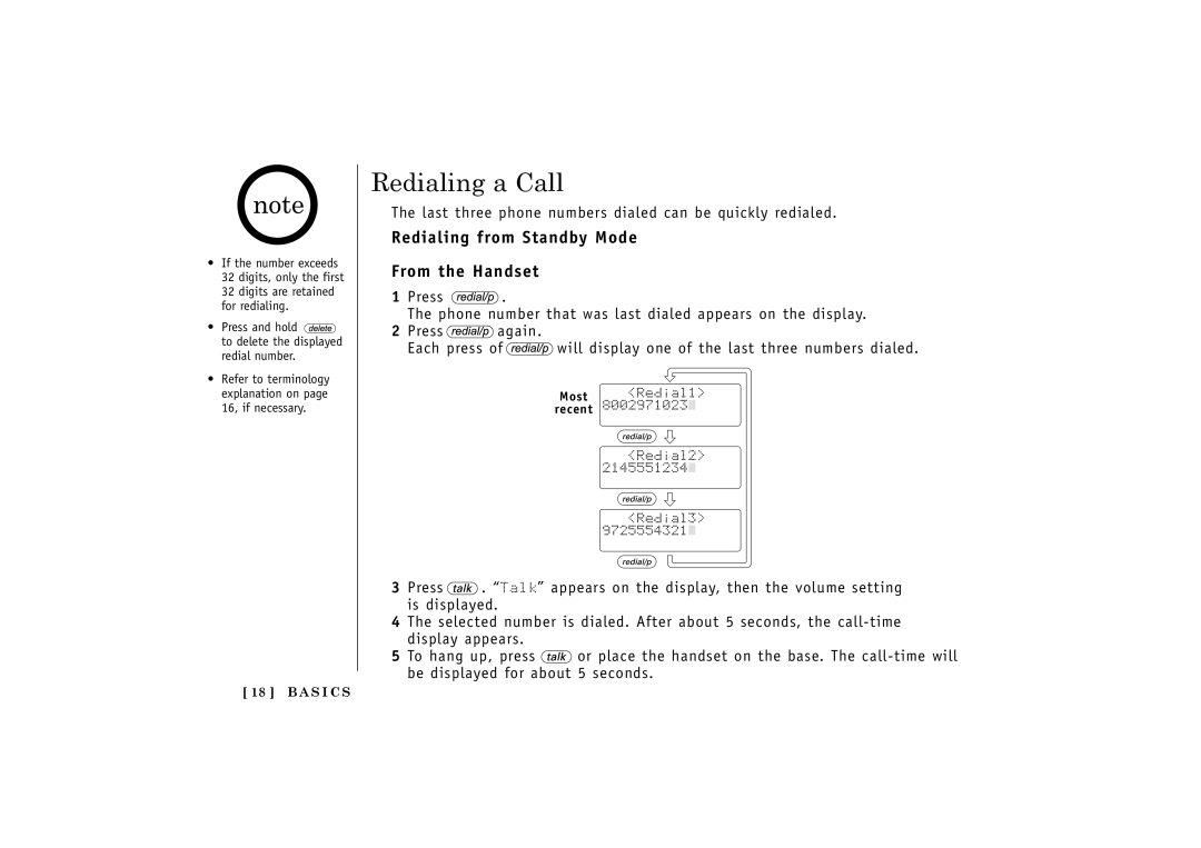 Uniden TRU548 owner manual Redialing a Call, Redialing from Standby Mode From the Handset 