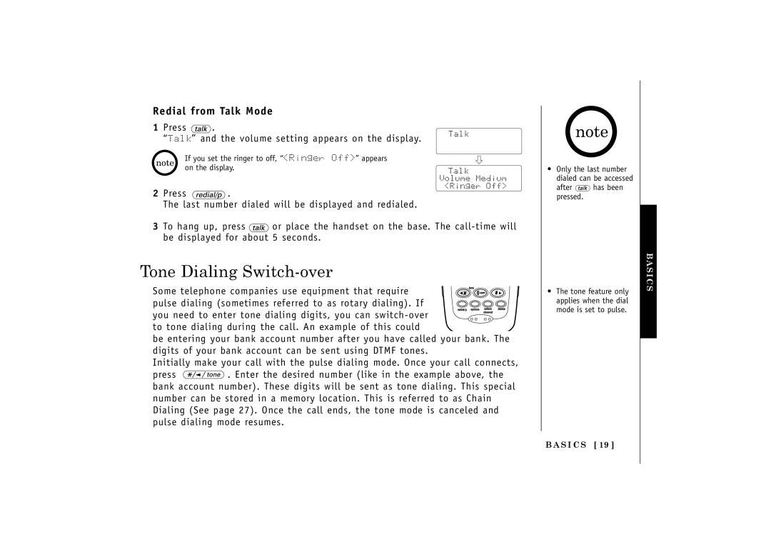 Uniden TRU548 owner manual Tone Dialing Switch-over, Redial from Talk Mode 