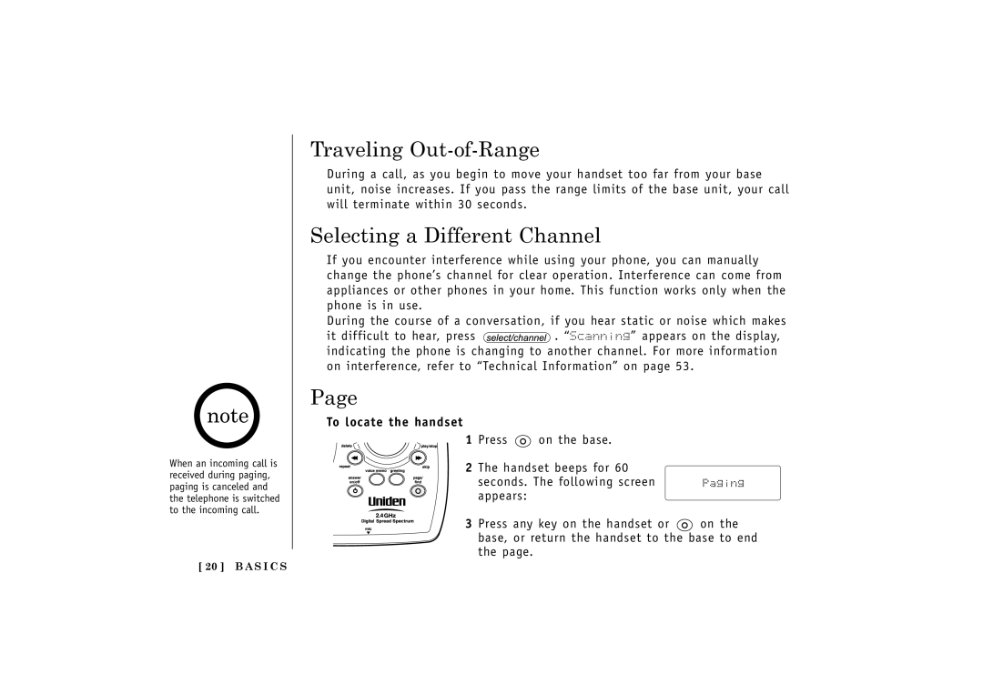 Uniden TRU548 owner manual Traveling Out-of-Range, Selecting a Different Channel, To locate the handset 