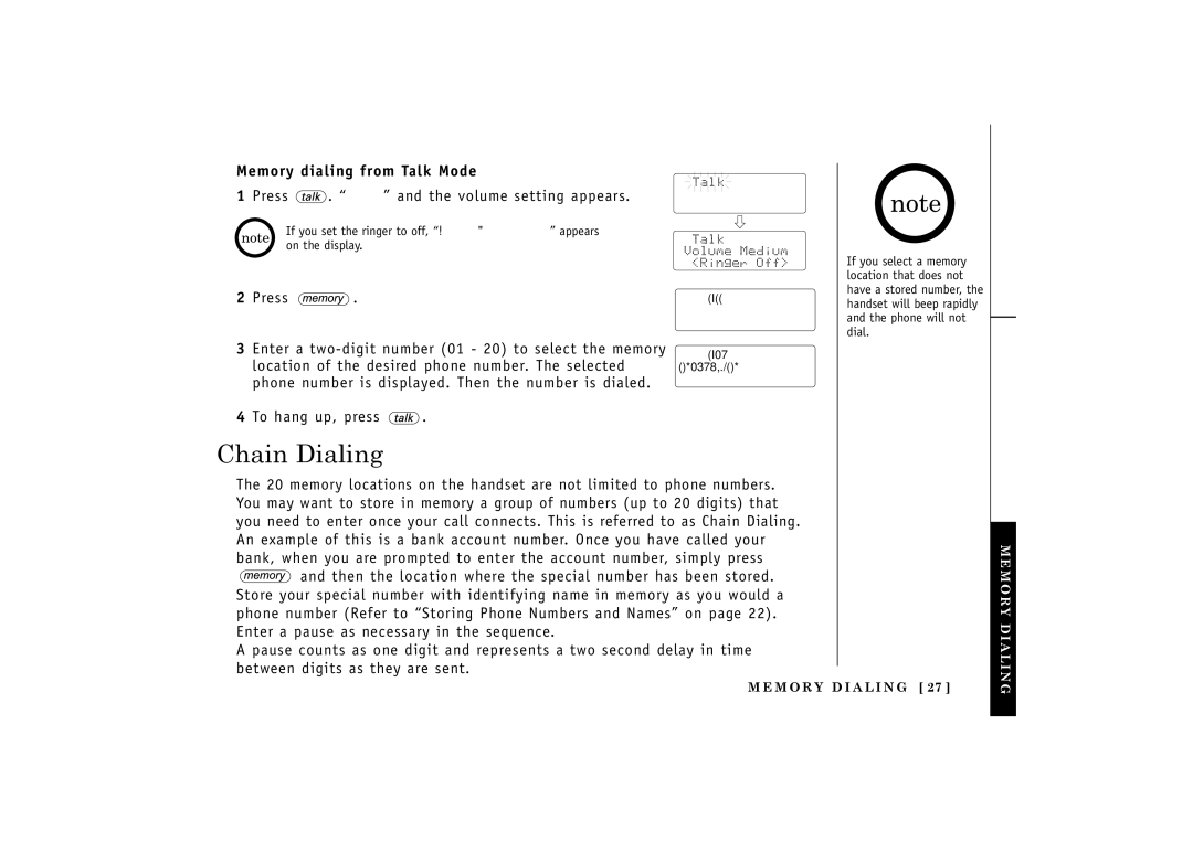 Uniden TRU548 owner manual Chain Dialing, Memory dialing from Talk Mode 