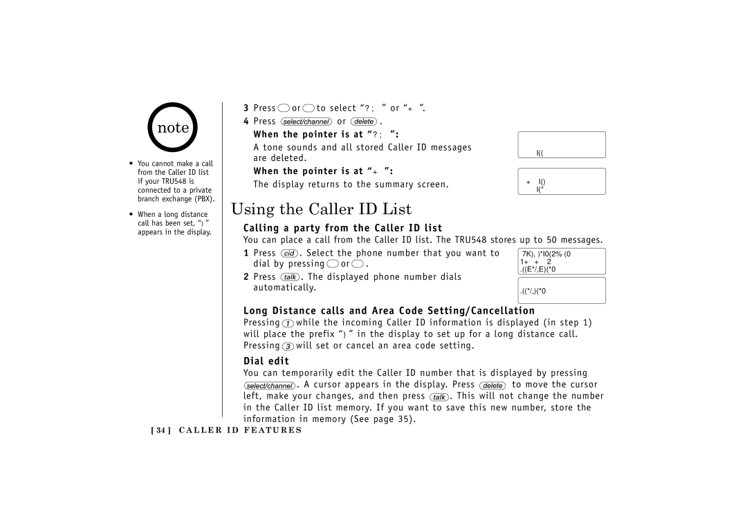 Uniden TRU548 owner manual Using the Caller ID List, Calling a party from the Caller ID list, Dial edit 