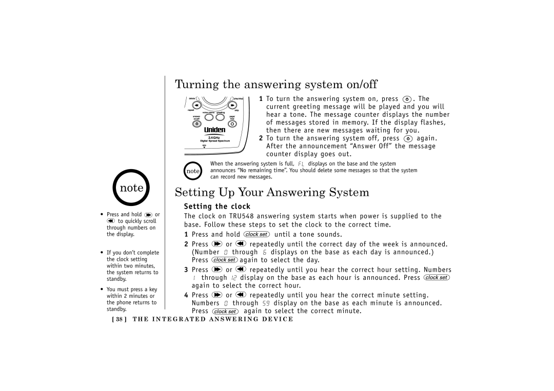 Uniden TRU548 owner manual Turning the answering system on/off, Setting Up Your Answering System, Setting the clock 