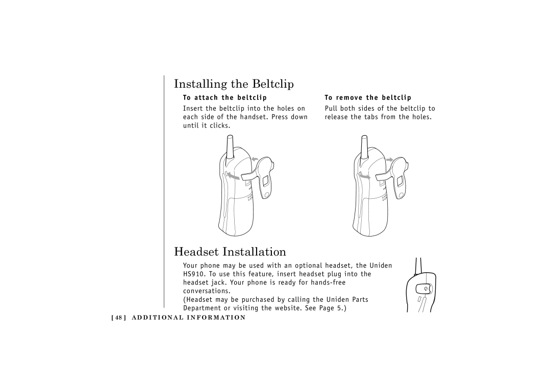 Uniden TRU548 owner manual Installing the Beltclip, Headset Installation, To attach the beltclip To remove the beltclip 