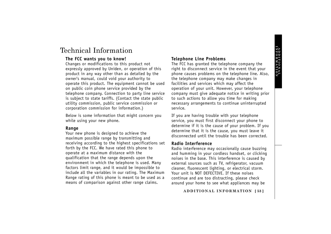 Uniden TRU548 owner manual Technical Information, FCC wants you to know, Range, Telephone Line Problems, Radio Interference 