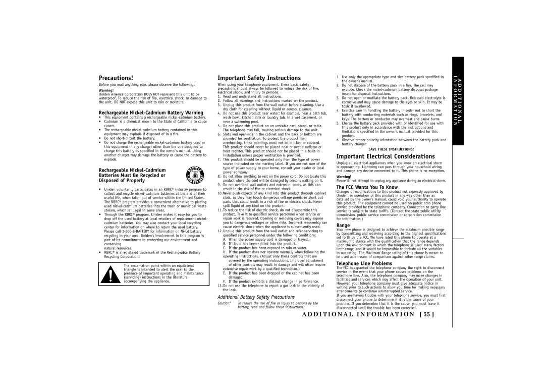 Uniden TRU548 owner manual Precautions 