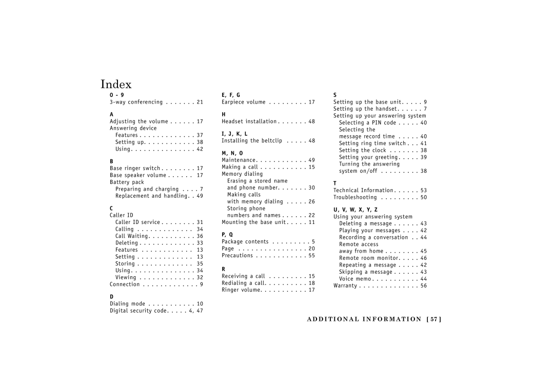 Uniden TRU548 owner manual Index, K, L 