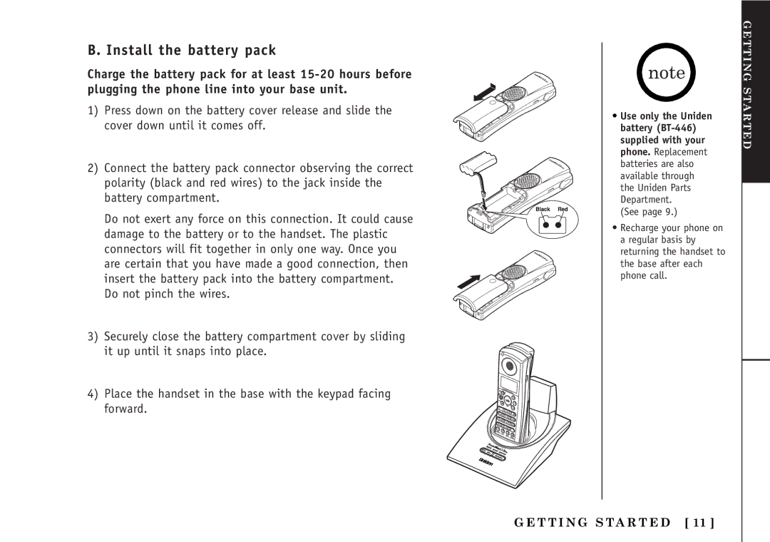 Uniden TRU5860/2 manual Install the battery pack 