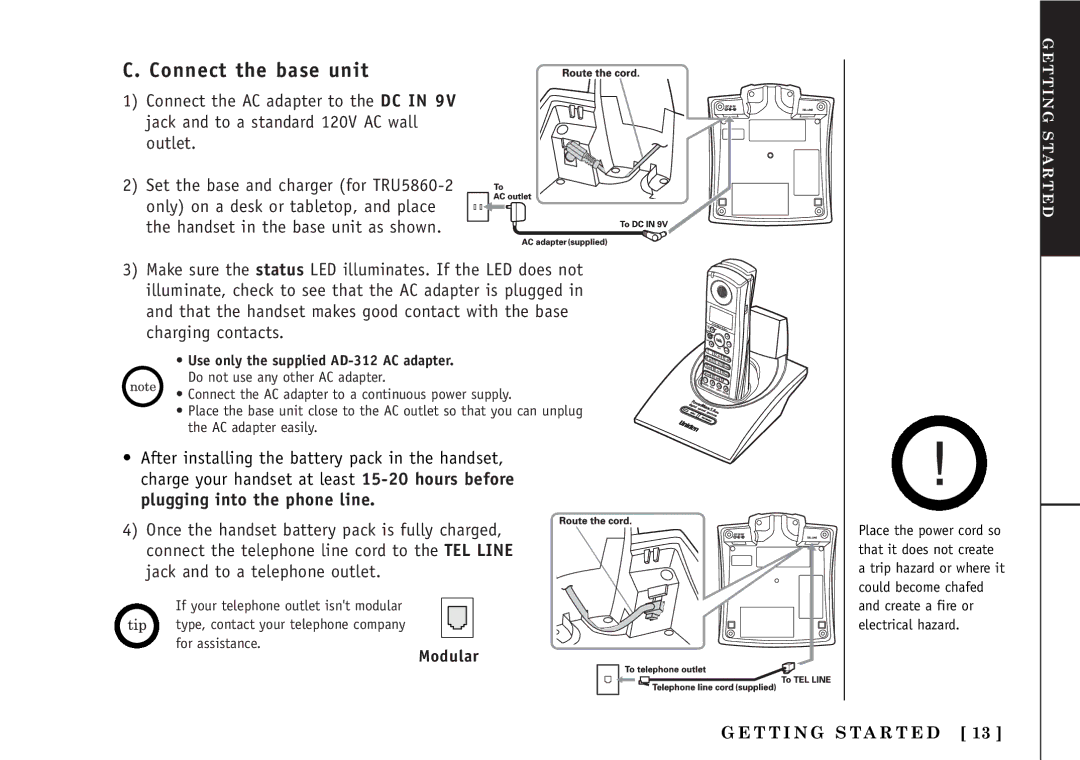 Uniden TRU5860/2 manual Connect the base unit, Modular 