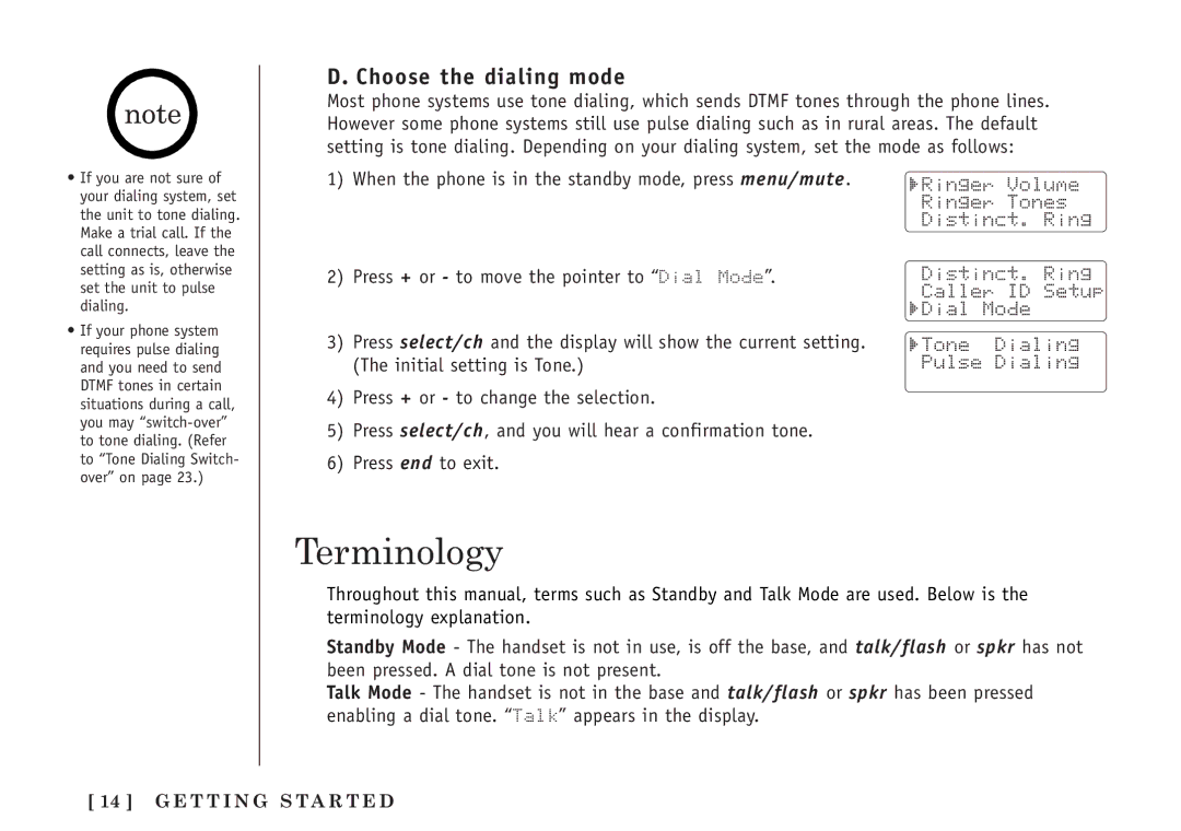 Uniden TRU5860/2 manual Terminology, Choose the dialing mode 