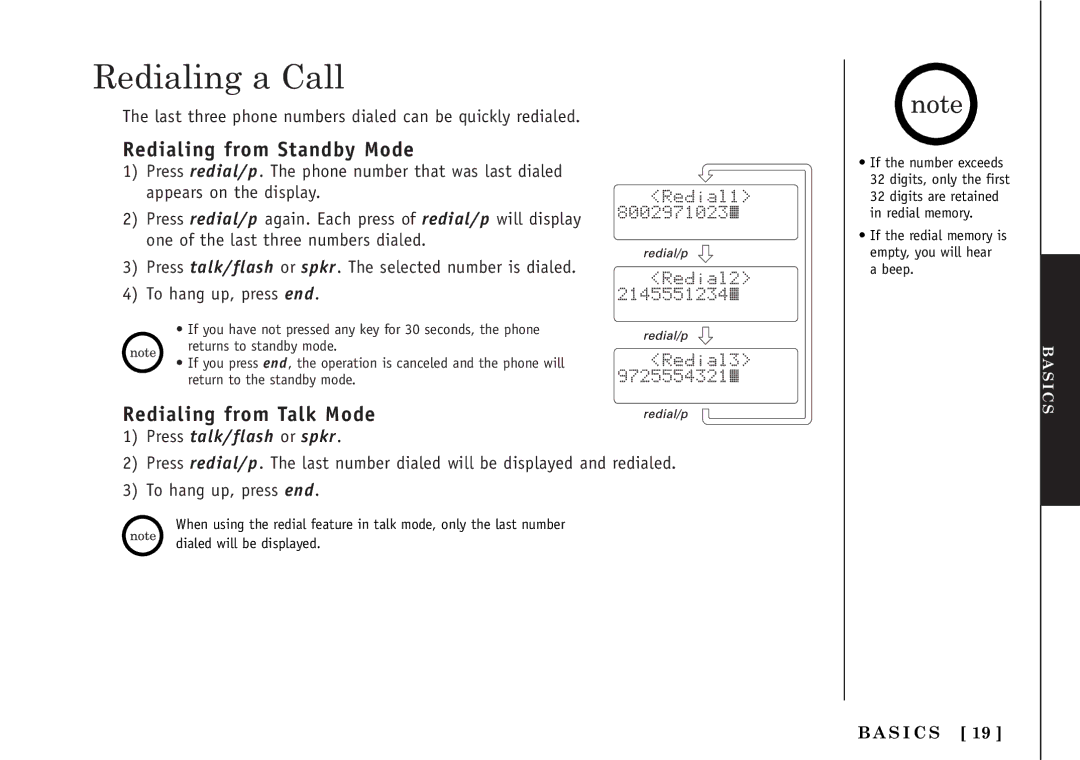 Uniden TRU5860/2 manual Redialing a Call, Redialing from Standby Mode, Redialing from Talk Mode, Press talk/flash or spkr 